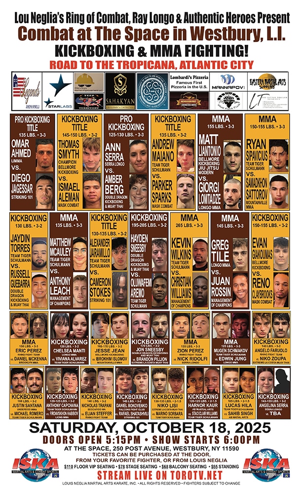 Lou Neglia Combat at the Space in Westbury LI Kickboxing and MMA Saturday October 18, 2025